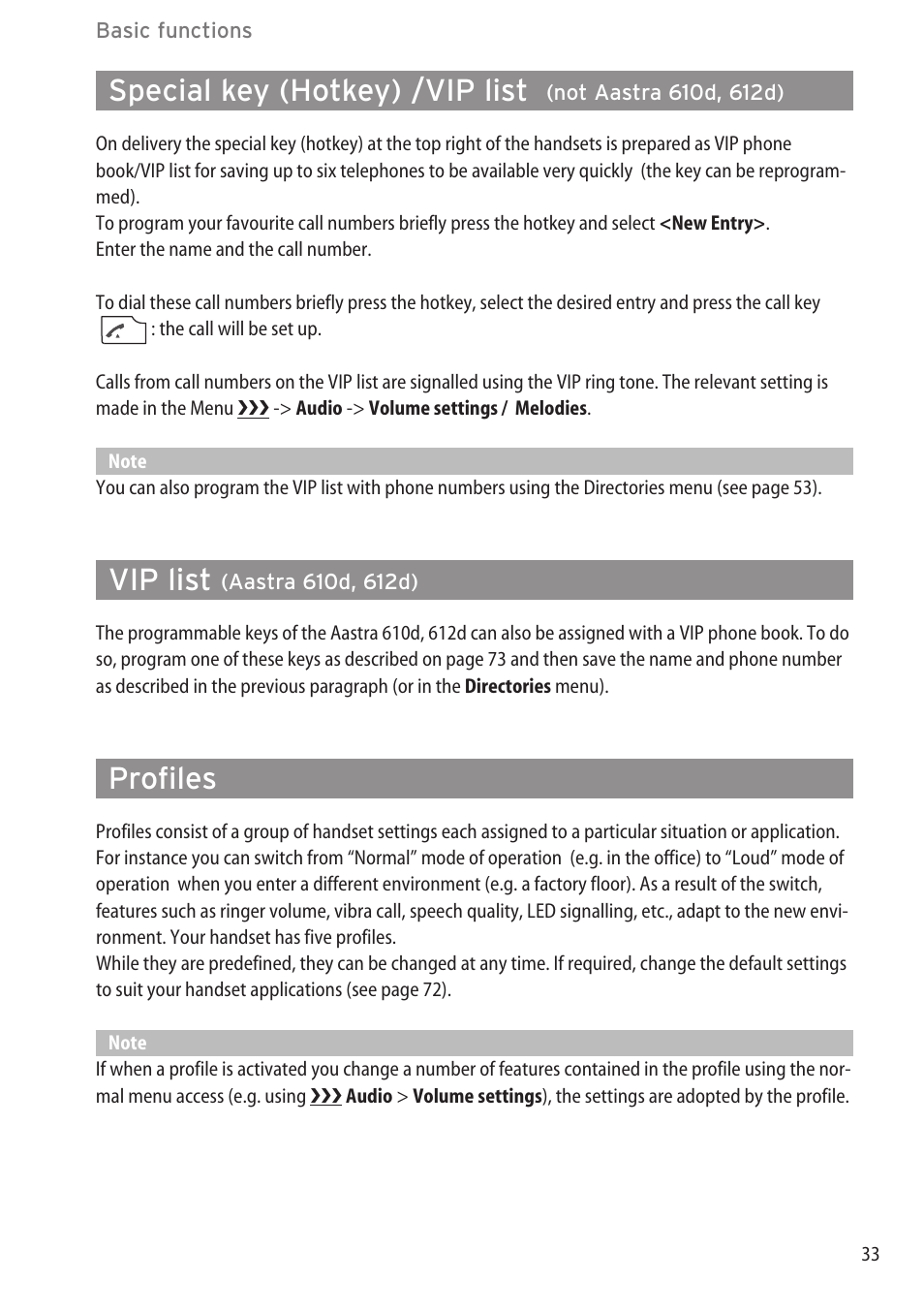 Vip list (aastra 610d, 612d), Profiles, Special key (hotkey) /vip list | Vip list | AASTRA 600c_d for SIP-DECT User Manual EN User Manual | Page 39 / 108