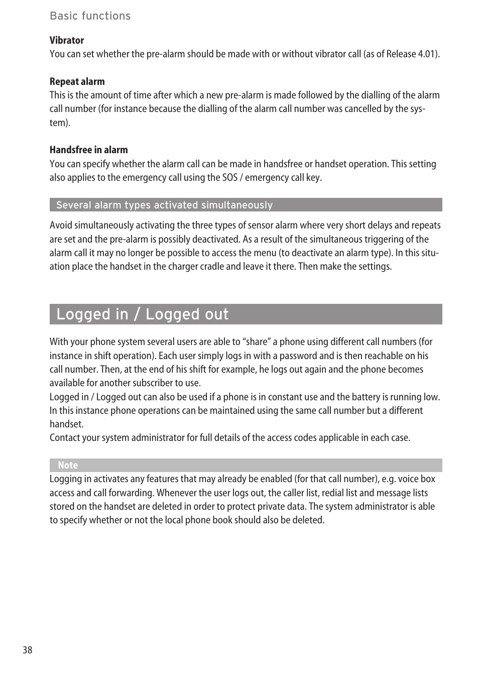 Several alarm types activated simultaneously, Logged in / logged out, Logged in / logged out …………………………………………………………………38 | AASTRA 600c_d for SIP-DECT User Manual EN User Manual | Page 44 / 108