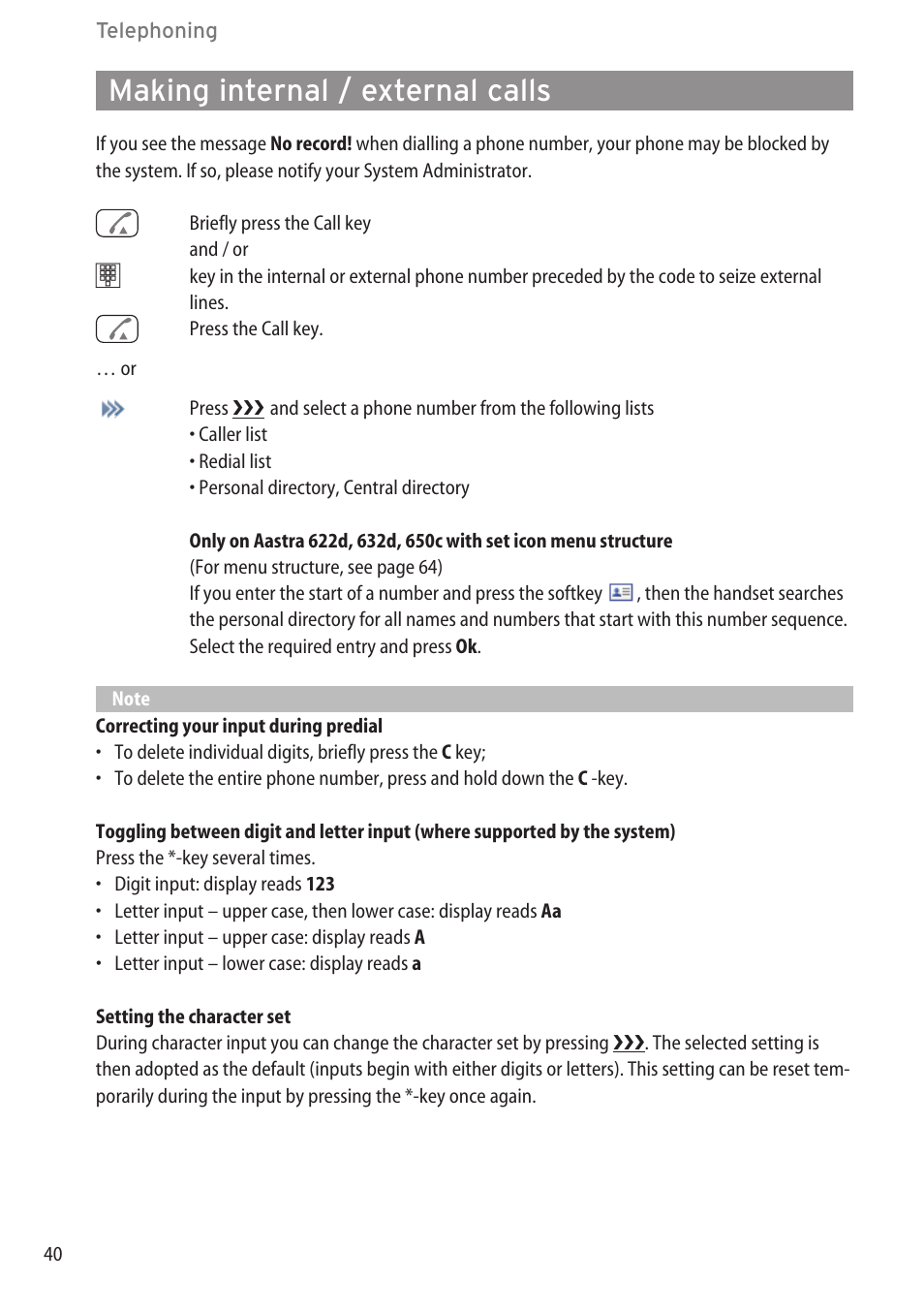 Making internal / external calls, Answering a call …………………………………………………………………………39 | AASTRA 600c_d for SIP-DECT User Manual EN User Manual | Page 46 / 108