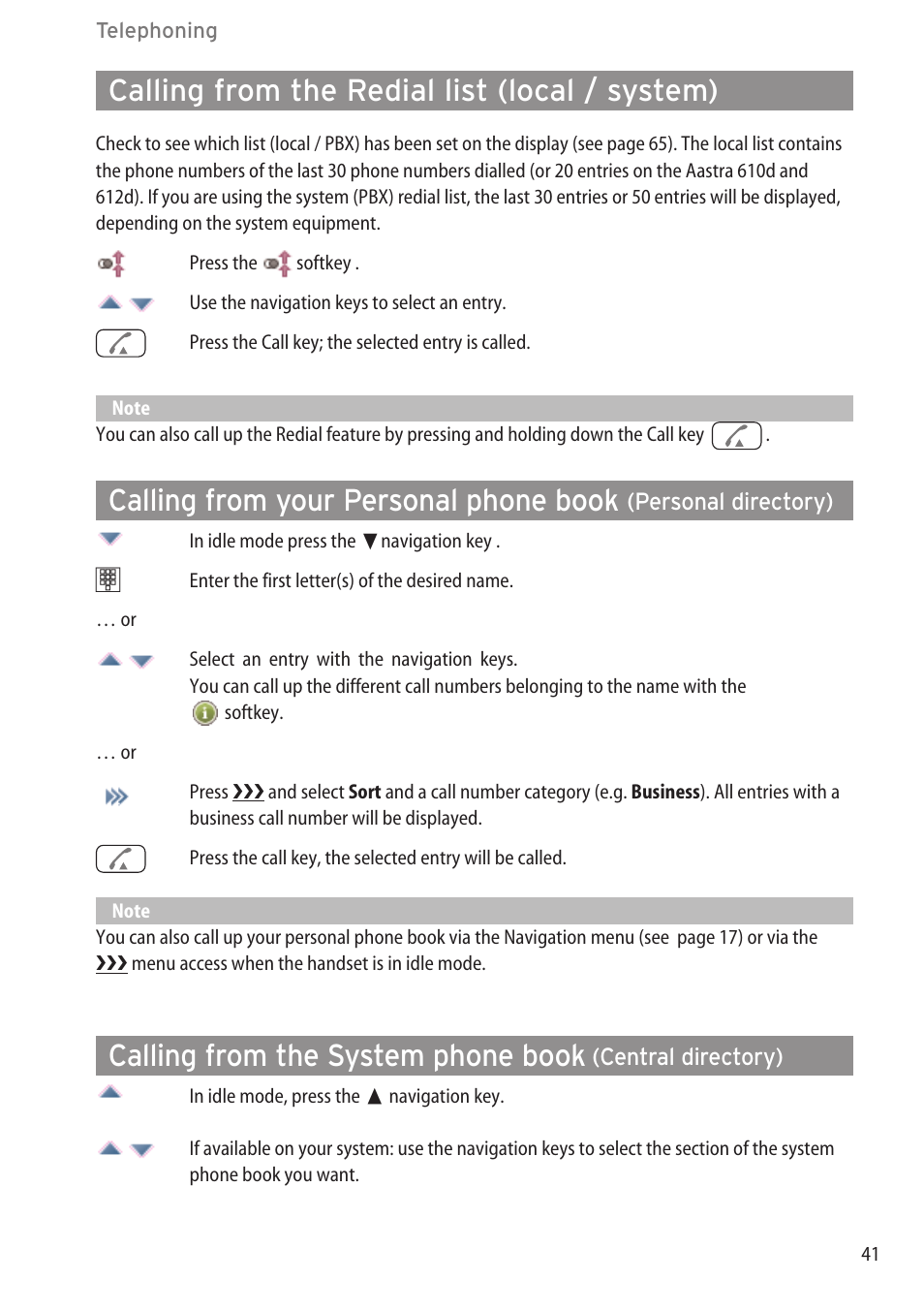 Calling from the redial list (local / system), Making internal / external calls, Calling from your personal phone book | Calling from the system phone book | AASTRA 600c_d for SIP-DECT User Manual EN User Manual | Page 47 / 108