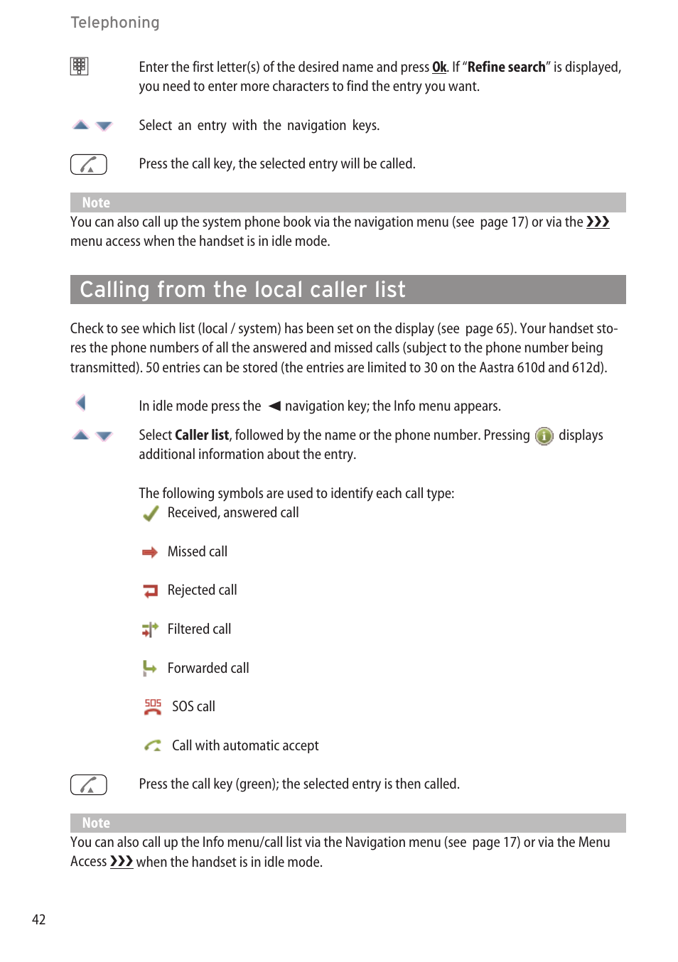 Calling from the local caller list | AASTRA 600c_d for SIP-DECT User Manual EN User Manual | Page 48 / 108