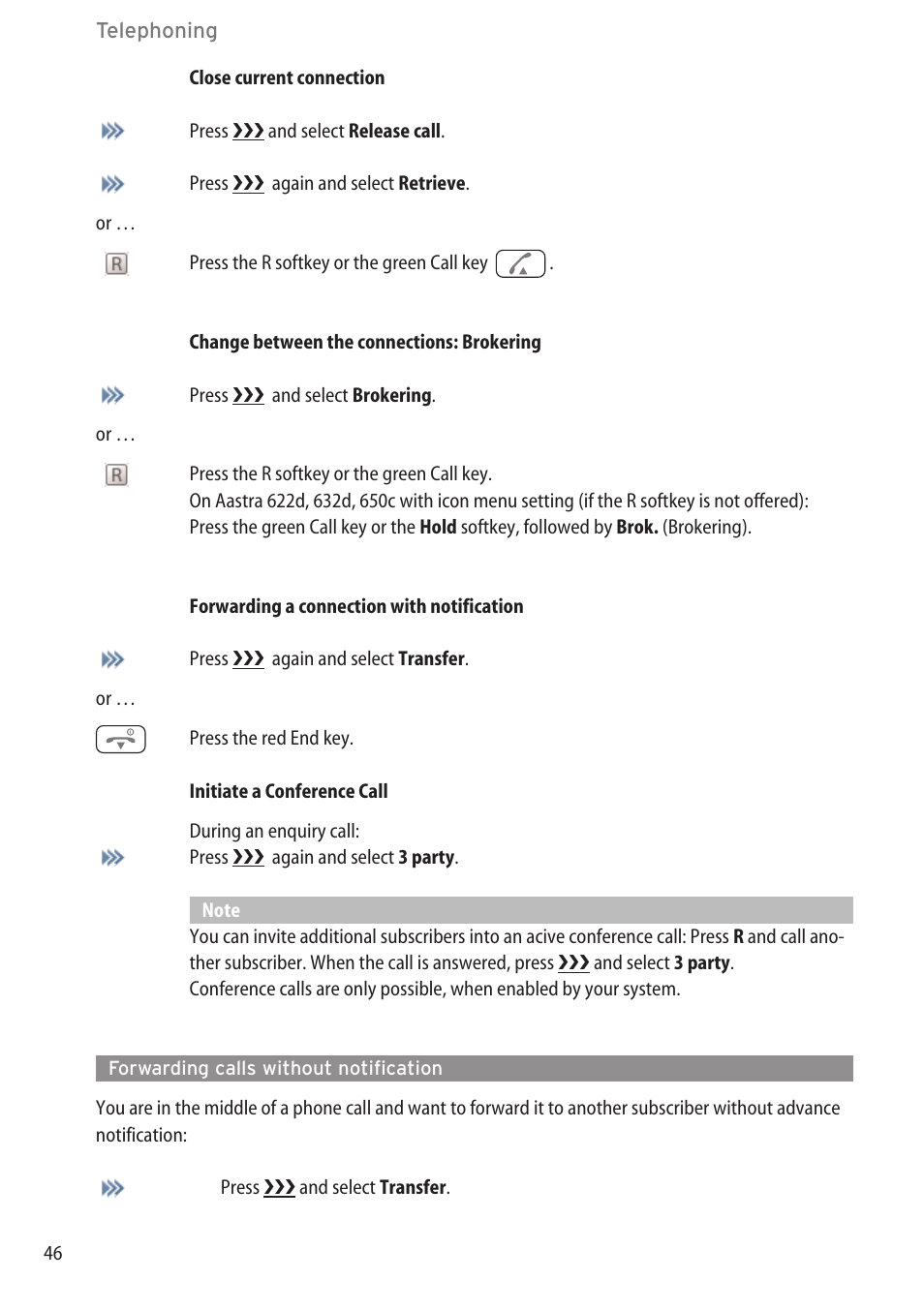 Forwarding calls without notification, Enquiry / forwarding calls / conference | AASTRA 600c_d for SIP-DECT User Manual EN User Manual | Page 52 / 108