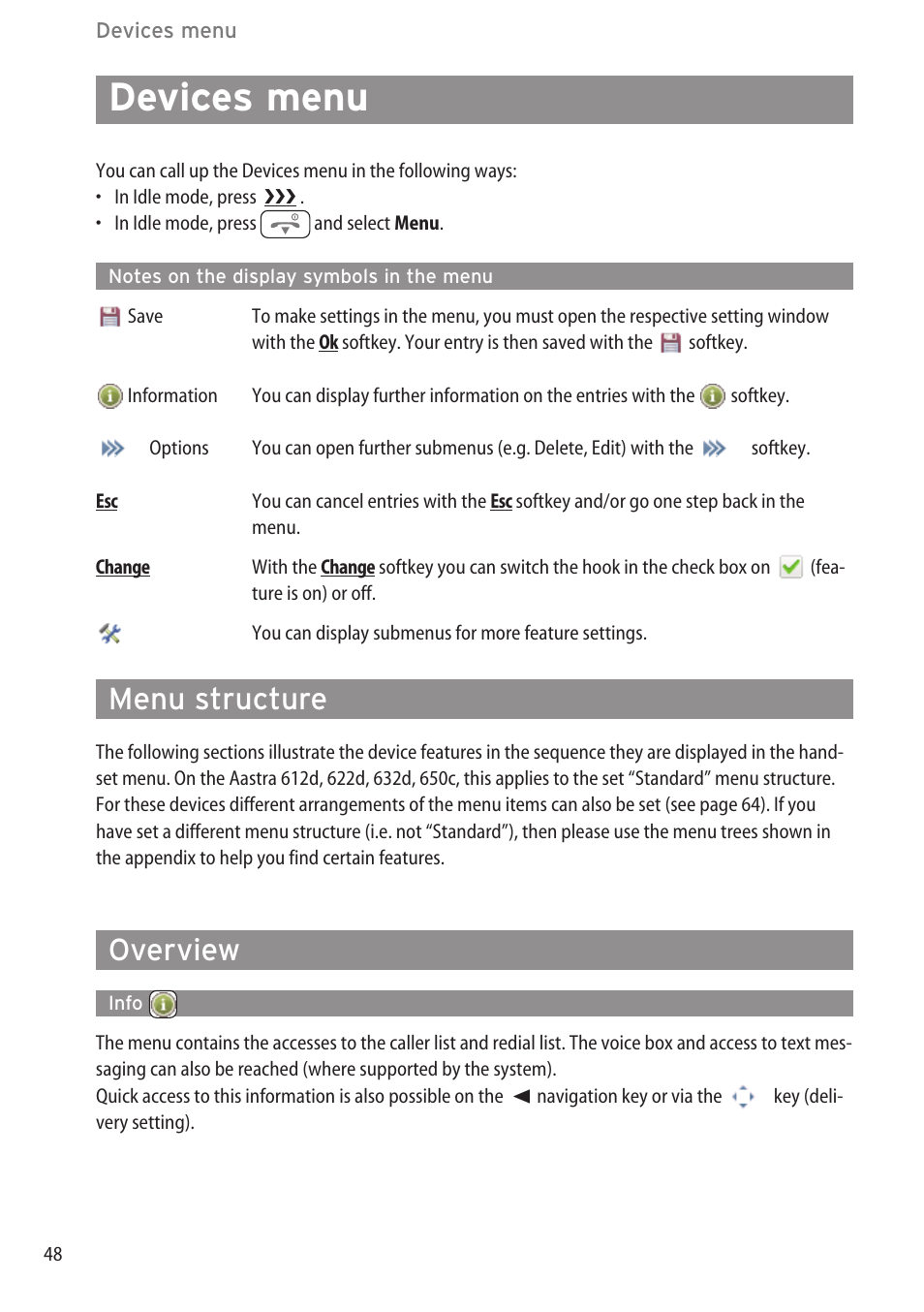 Devices menu, Notes on the display symbols in the menu, Menu structure | Overview, Info | AASTRA 600c_d for SIP-DECT User Manual EN User Manual | Page 54 / 108