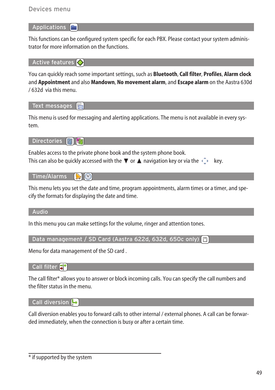 Applications, Active features, Text messages | Directories, Time/alarms, Audio, Call filter, Call diversion | AASTRA 600c_d for SIP-DECT User Manual EN User Manual | Page 55 / 108
