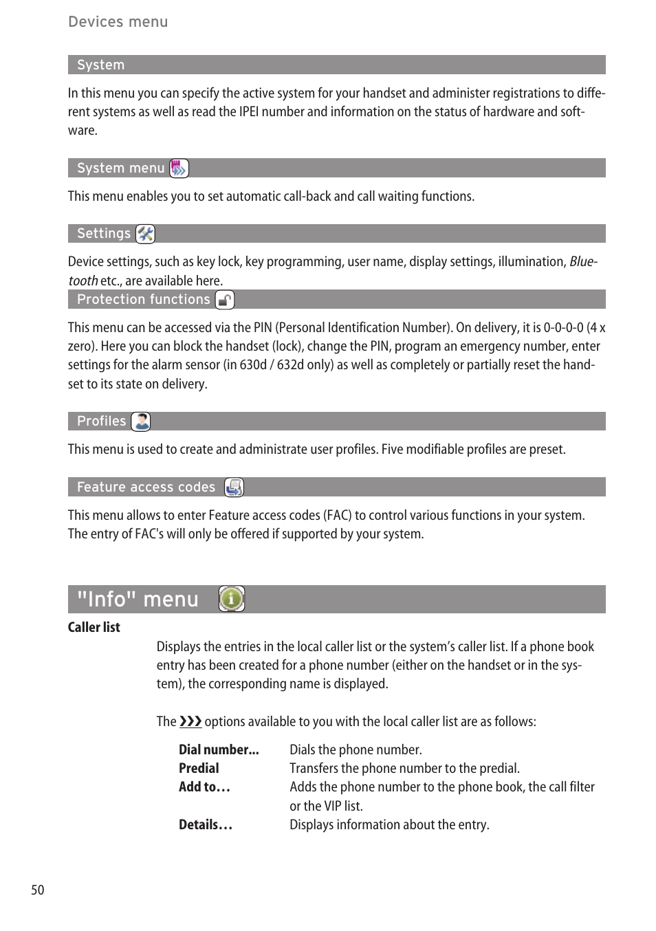 System, System menu, Settings | Protection functions, Profiles, Feature access codes, Info" menu | AASTRA 600c_d for SIP-DECT User Manual EN User Manual | Page 56 / 108