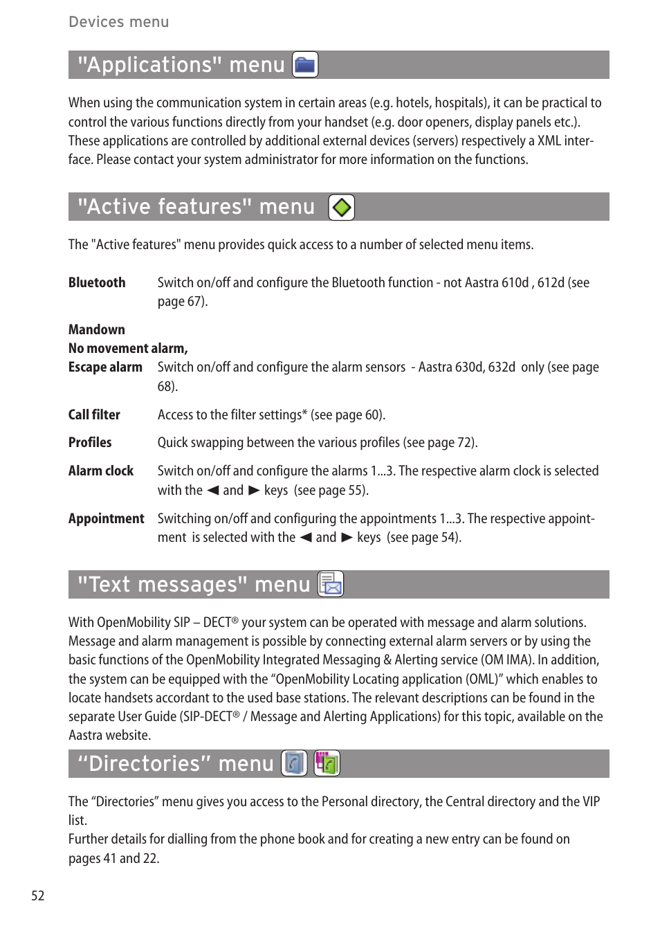 Applications" menu, Active features" menu, Text messages" menu | Directories” menu, Info" menu | AASTRA 600c_d for SIP-DECT User Manual EN User Manual | Page 58 / 108
