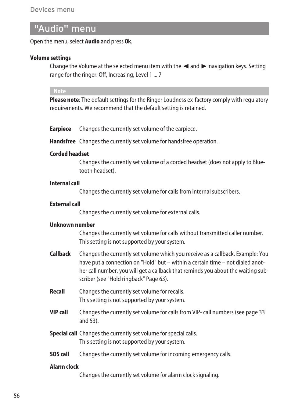 Audio" menu, Time/alarms" menu …………………………………………………………………54 | AASTRA 600c_d for SIP-DECT User Manual EN User Manual | Page 62 / 108