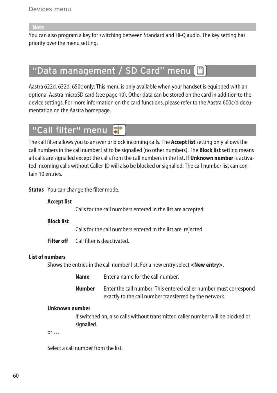 Data management / sd card” menu, Call filter" menu, Audio" menu | AASTRA 600c_d for SIP-DECT User Manual EN User Manual | Page 66 / 108