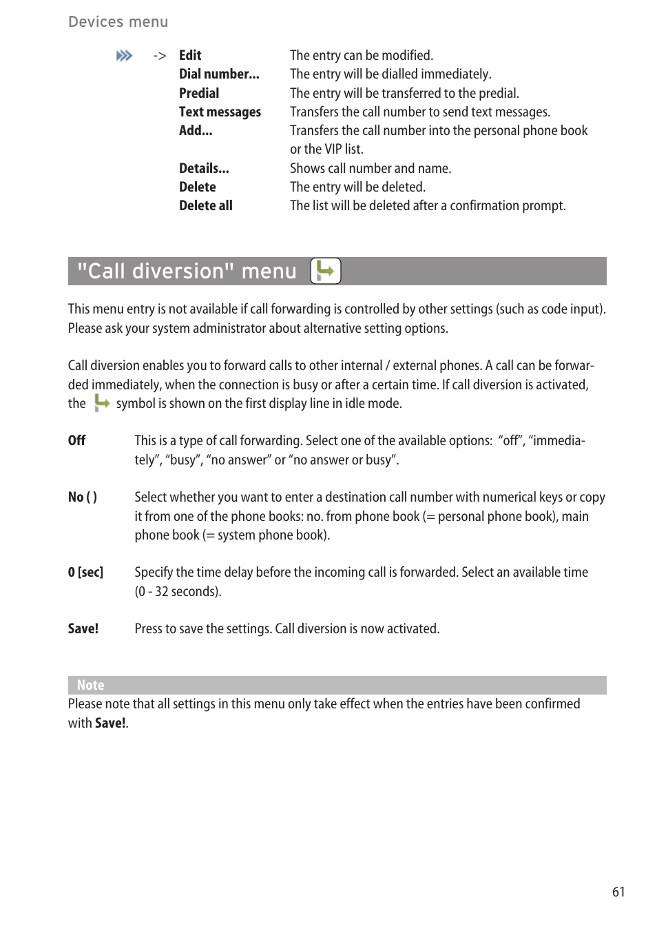Call diversion" menu, Call filter" menu ………………………………………………………………………60 | AASTRA 600c_d for SIP-DECT User Manual EN User Manual | Page 67 / 108
