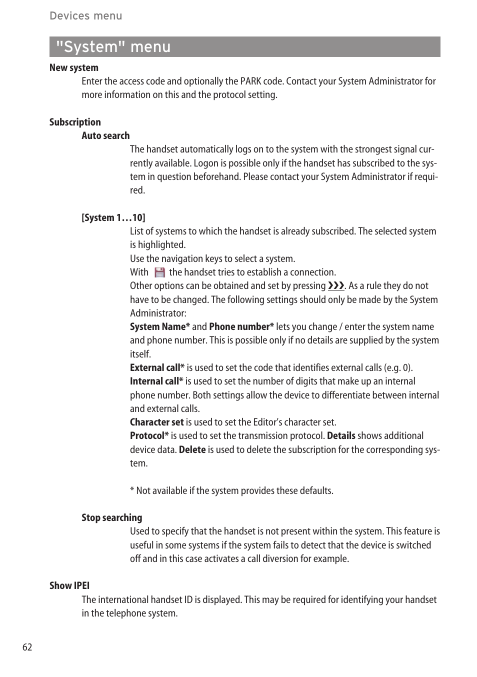 System" menu, Call diversion" menu …………………………………………………………………61 | AASTRA 600c_d for SIP-DECT User Manual EN User Manual | Page 68 / 108