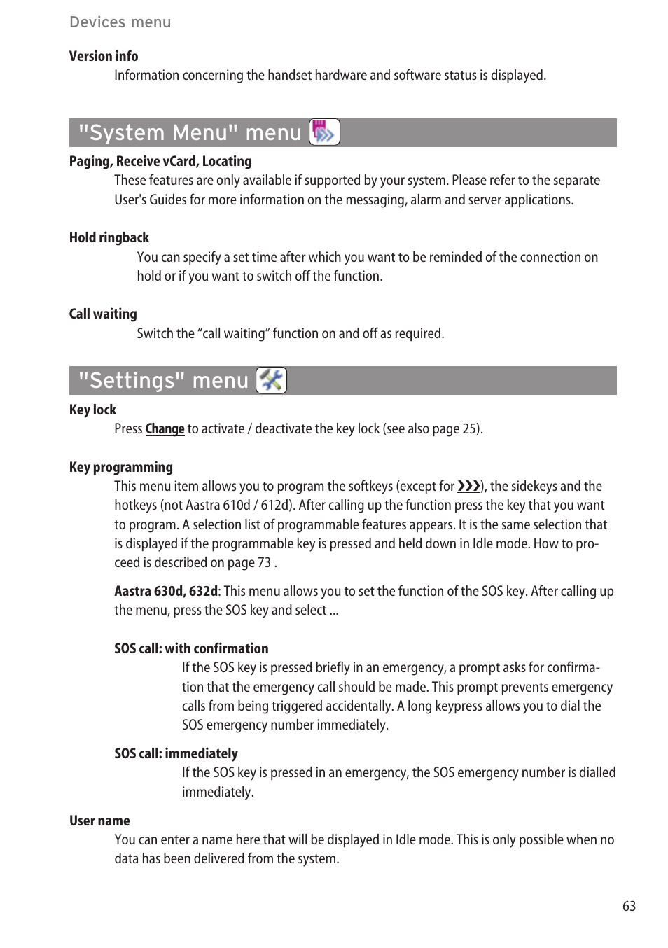 System menu" menu, Settings" menu | AASTRA 600c_d for SIP-DECT User Manual EN User Manual | Page 69 / 108