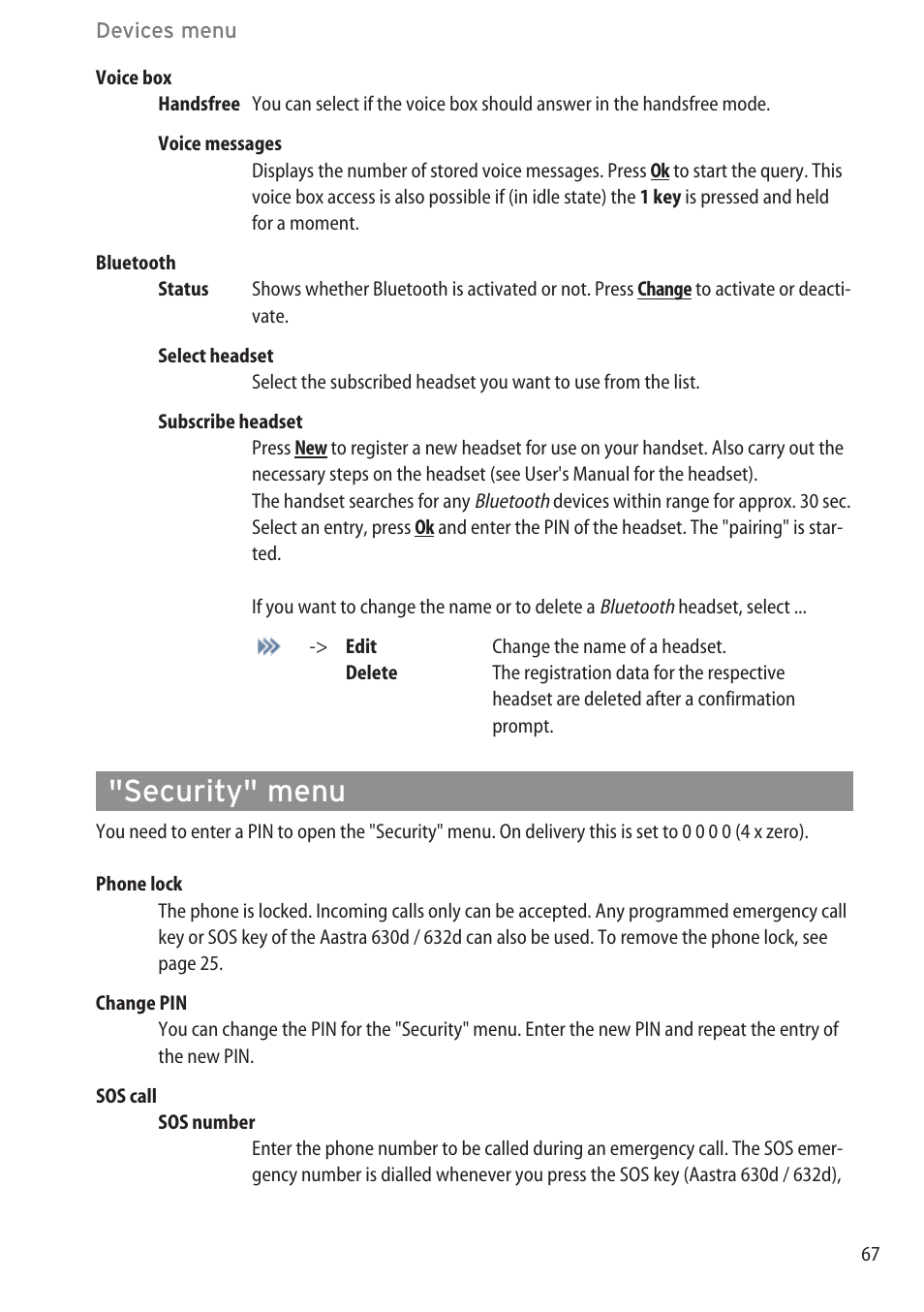Security" menu, Settings" menu | AASTRA 600c_d for SIP-DECT User Manual EN User Manual | Page 73 / 108