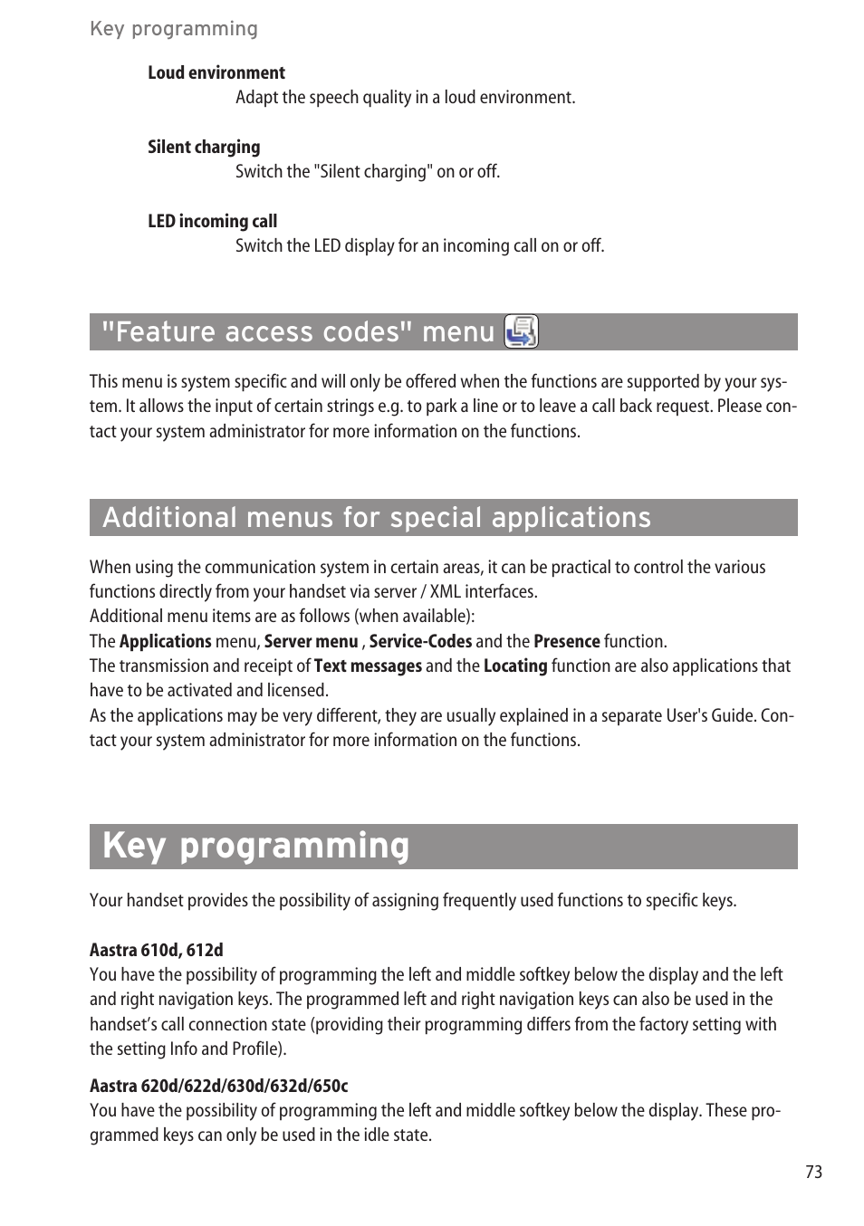 Feature access codes" menu, Additional menus for special applications, Key programming | AASTRA 600c_d for SIP-DECT User Manual EN User Manual | Page 79 / 108