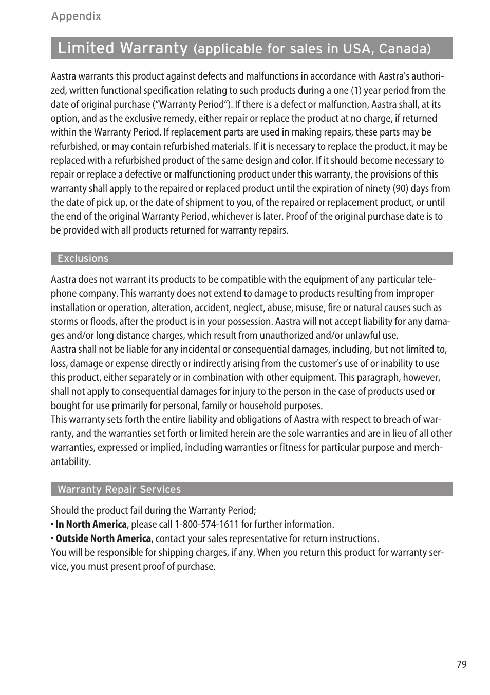 Exclusions, Warranty repair services, Exclusions ……………………………………………………………………………79 | Limited warranty, Applicable for sales in usa, canada) | AASTRA 600c_d for SIP-DECT User Manual EN User Manual | Page 85 / 108