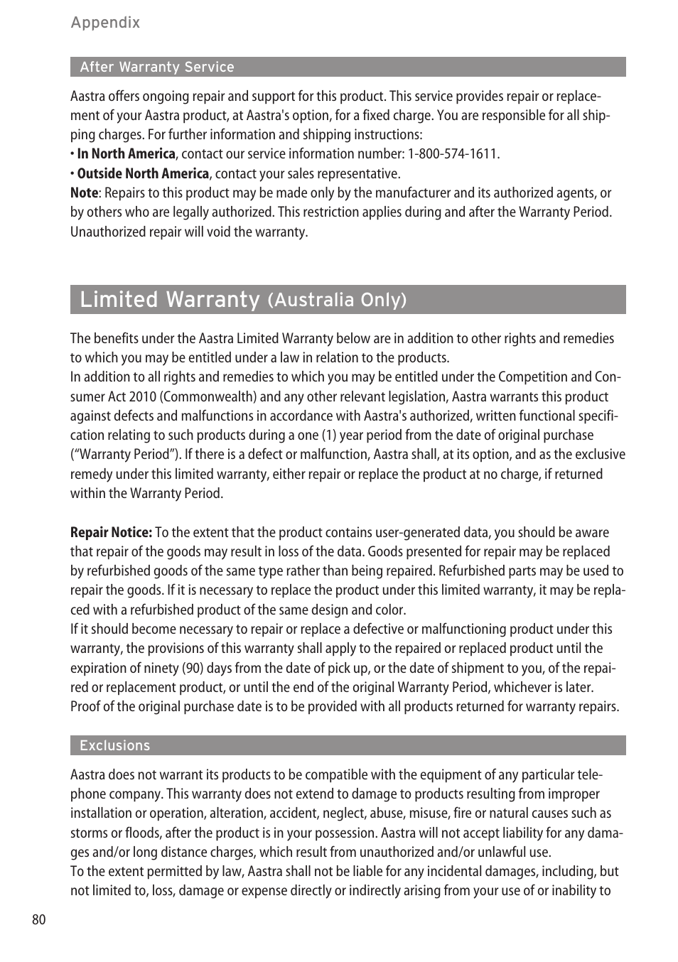After warranty service, Limited warranty (australia only), Exclusions | Limited warranty, Australia only) | AASTRA 600c_d for SIP-DECT User Manual EN User Manual | Page 86 / 108