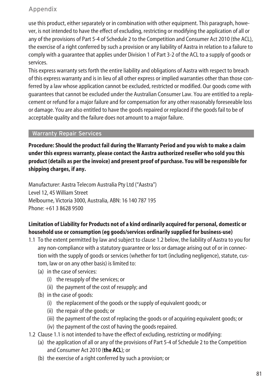 Warranty repair services, Exclusions ……………………………………………………………………………80 | AASTRA 600c_d for SIP-DECT User Manual EN User Manual | Page 87 / 108