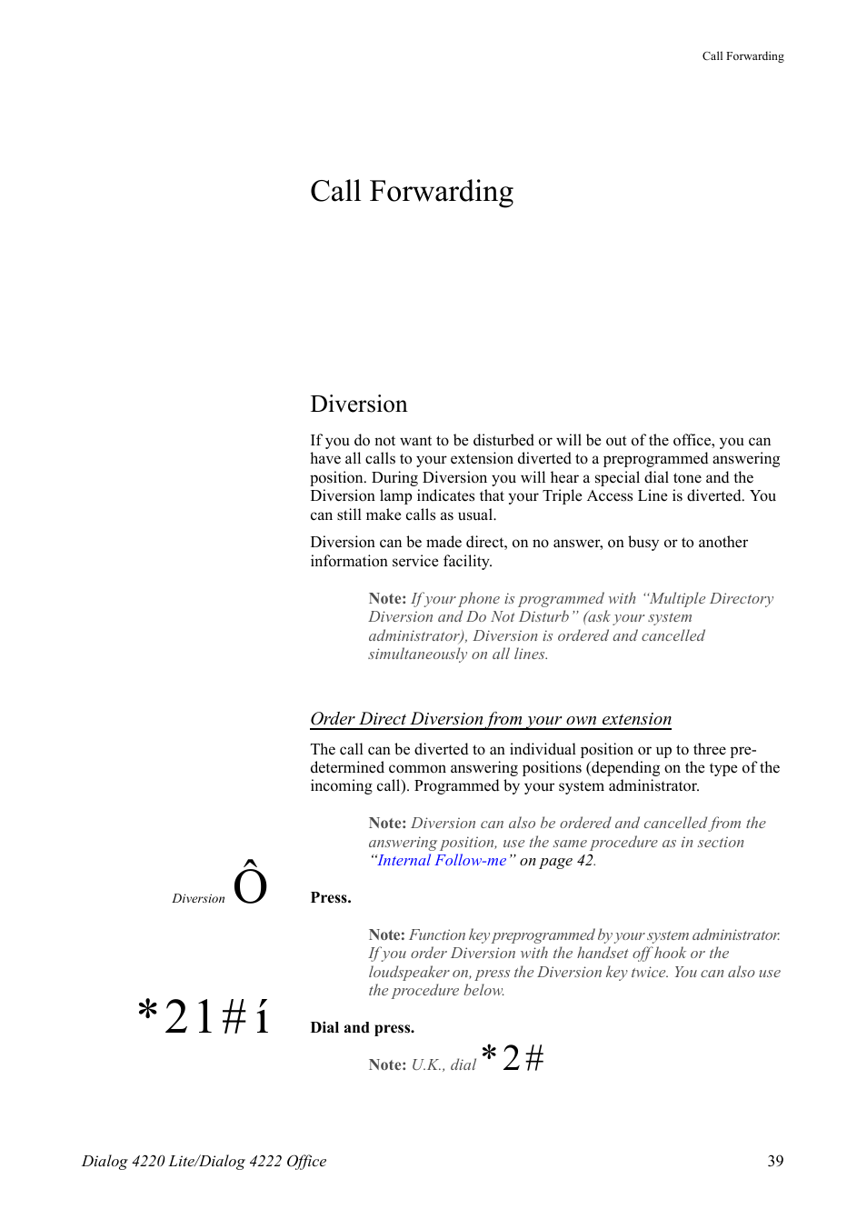 Call forwarding, Diversion, Section | 21# í | AASTRA 4222 Office for MX-ONE (TSE) User Guide EN User Manual | Page 39 / 97