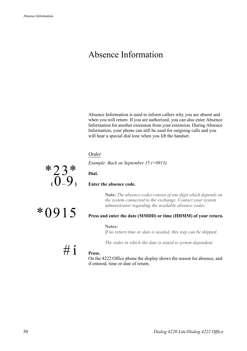 Absence information | AASTRA 4222 Office for MX-ONE (TSE) User Guide EN User Manual | Page 50 / 97