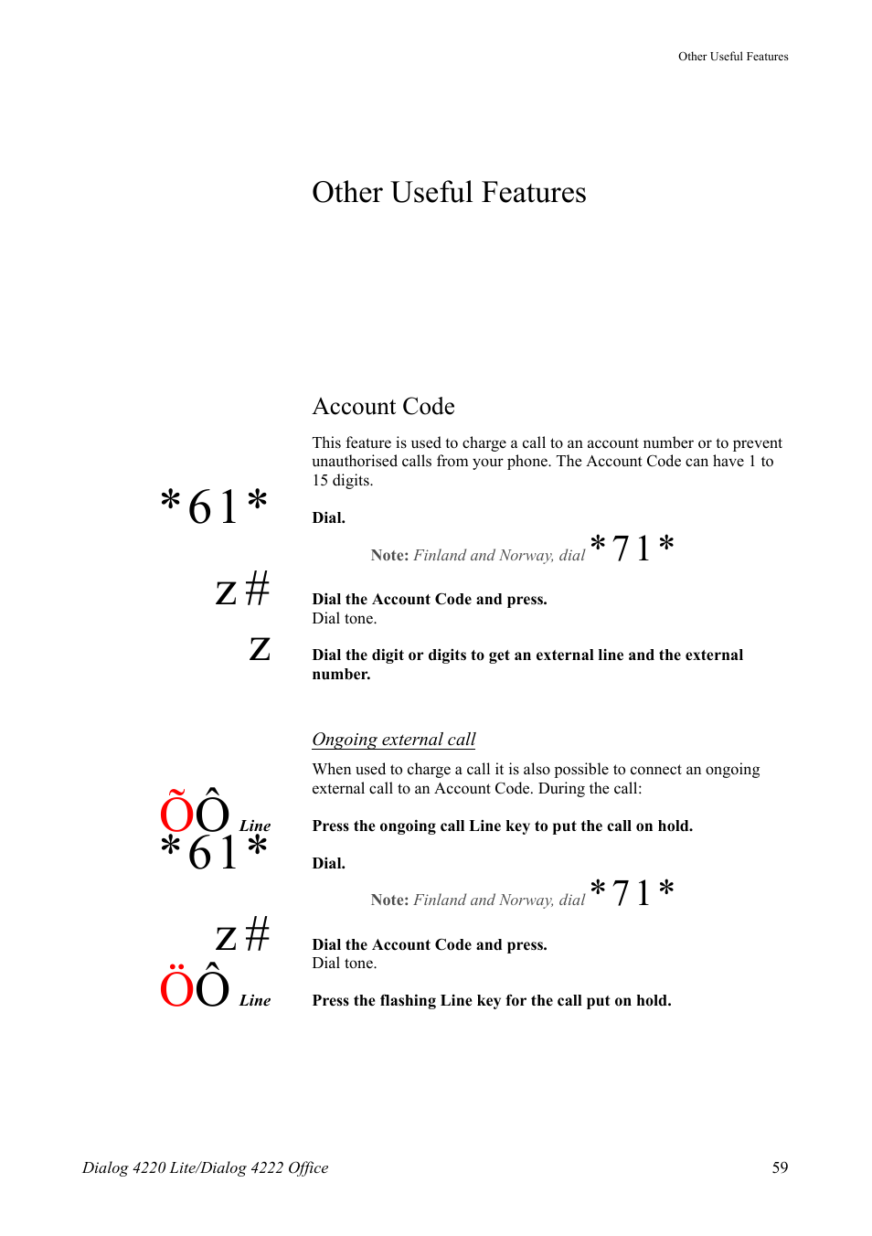 Other useful features, Account code | AASTRA 4222 Office for MX-ONE (TSE) User Guide EN User Manual | Page 59 / 97