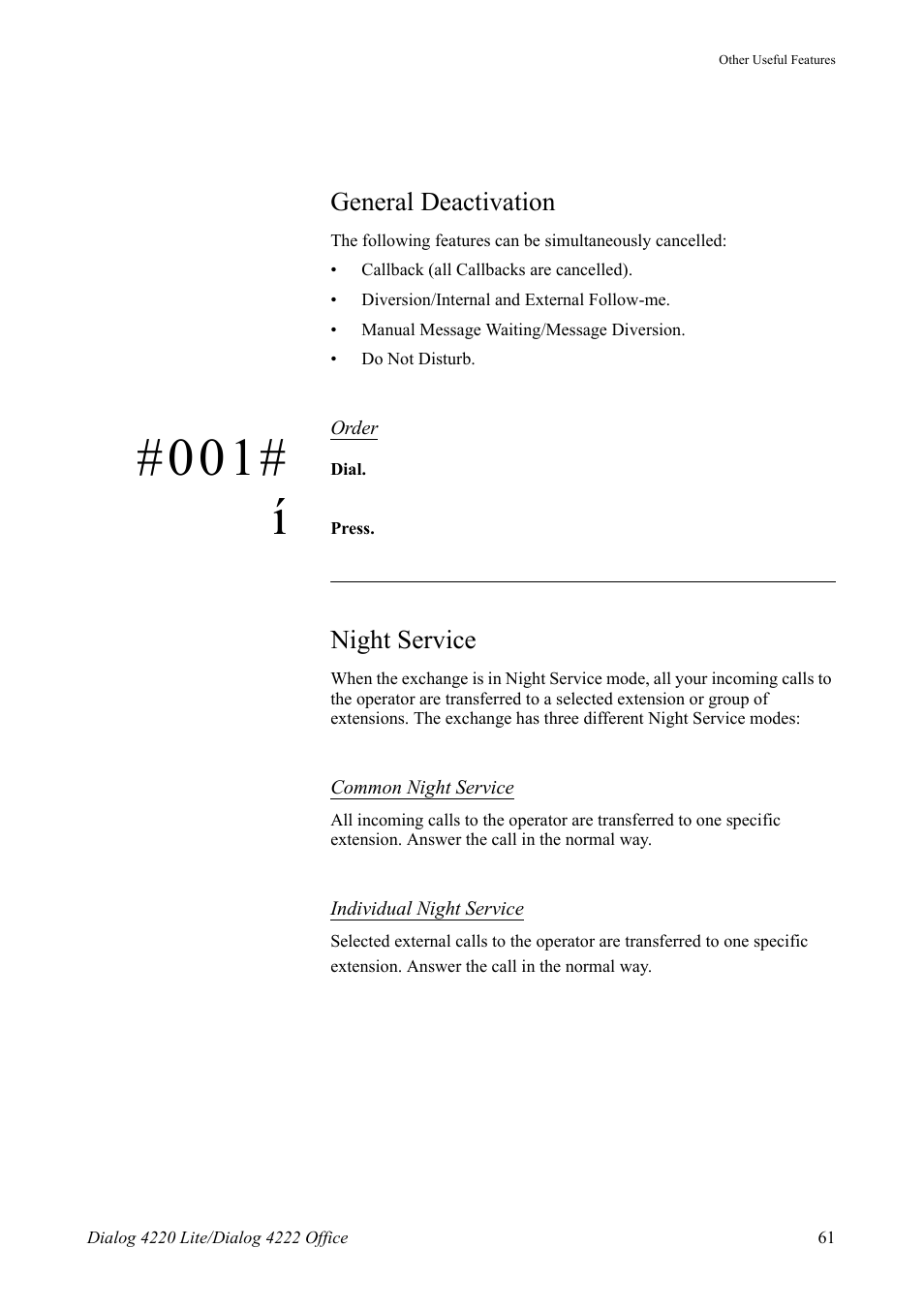 General deactivation, Night service | AASTRA 4222 Office for MX-ONE (TSE) User Guide EN User Manual | Page 61 / 97