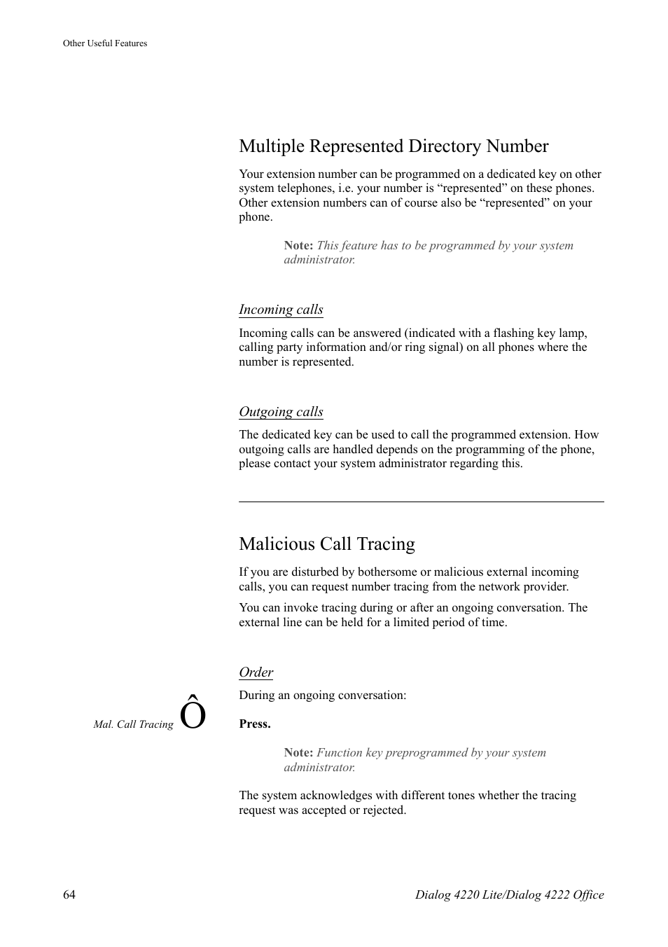 Multiple represented directory number, Malicious call tracing | AASTRA 4222 Office for MX-ONE (TSE) User Guide EN User Manual | Page 64 / 97