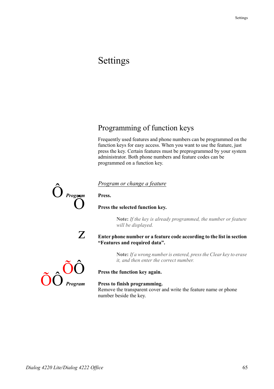 Settings, Programming of function keys, Ction | Programming of function, Keys, Section, Tion | AASTRA 4222 Office for MX-ONE (TSE) User Guide EN User Manual | Page 65 / 97