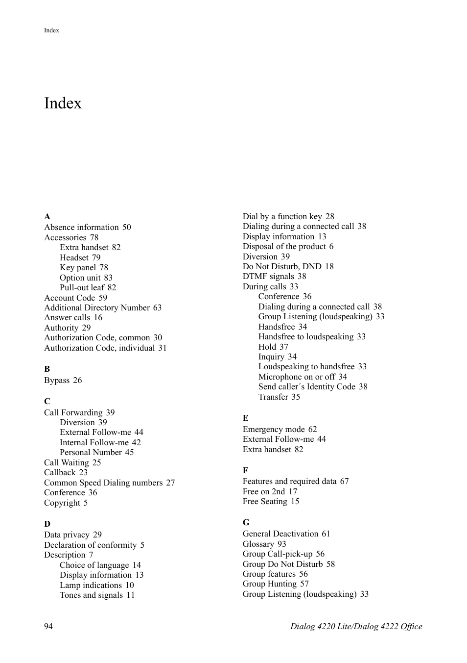 Index | AASTRA 4222 Office for MX-ONE (TSE) User Guide EN User Manual | Page 94 / 97