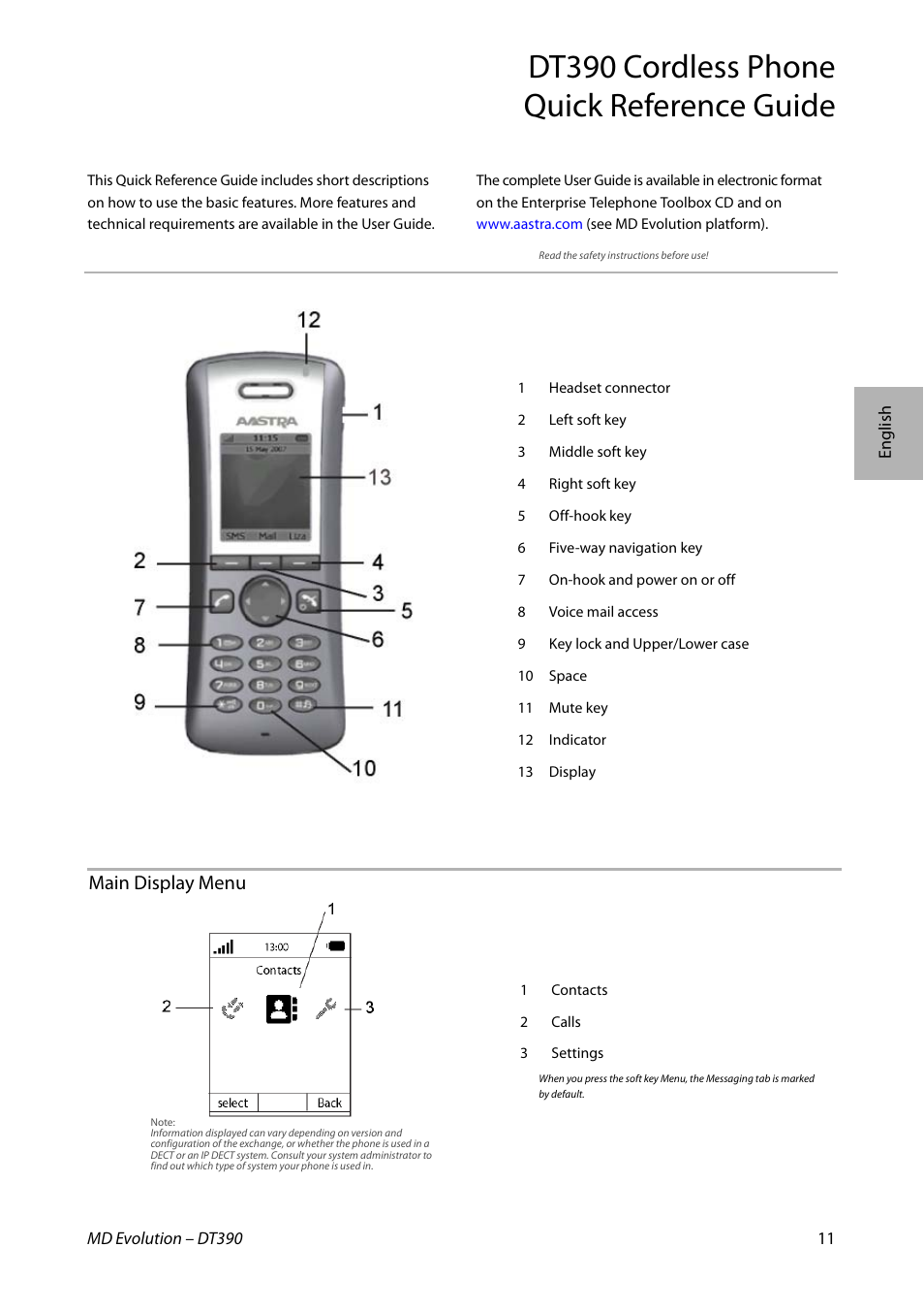 Dt390 cordless phone quick reference guide, Main display menu | AASTRA DT390 for MD Evolution Quick Reference Guide User Manual | Page 11 / 70