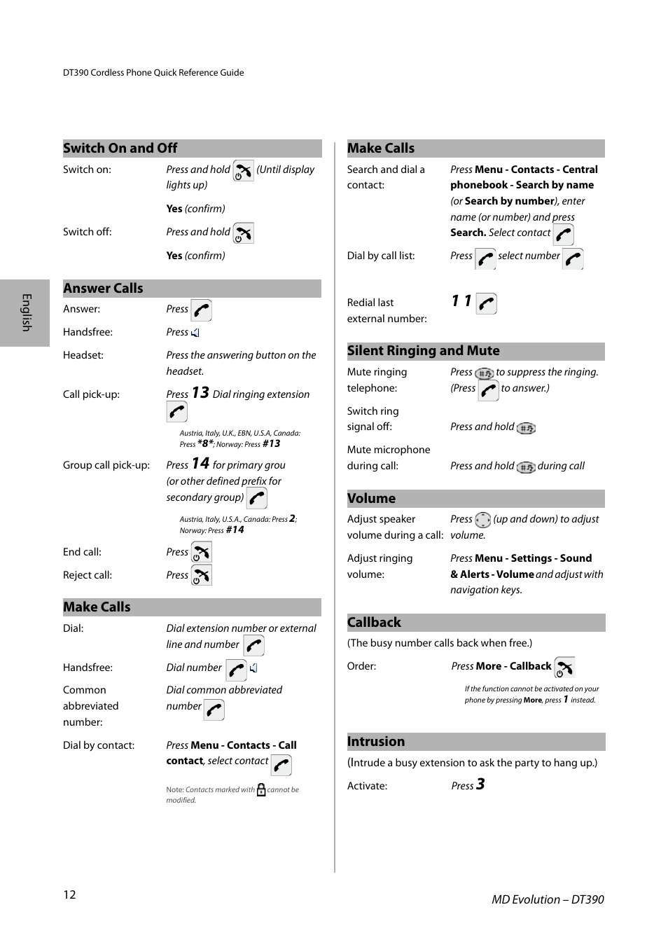 Switch on and off, Answer calls, Make calls | Silent ringing and mute, Volume, Callback, Intrusion | AASTRA DT390 for MD Evolution Quick Reference Guide User Manual | Page 12 / 70
