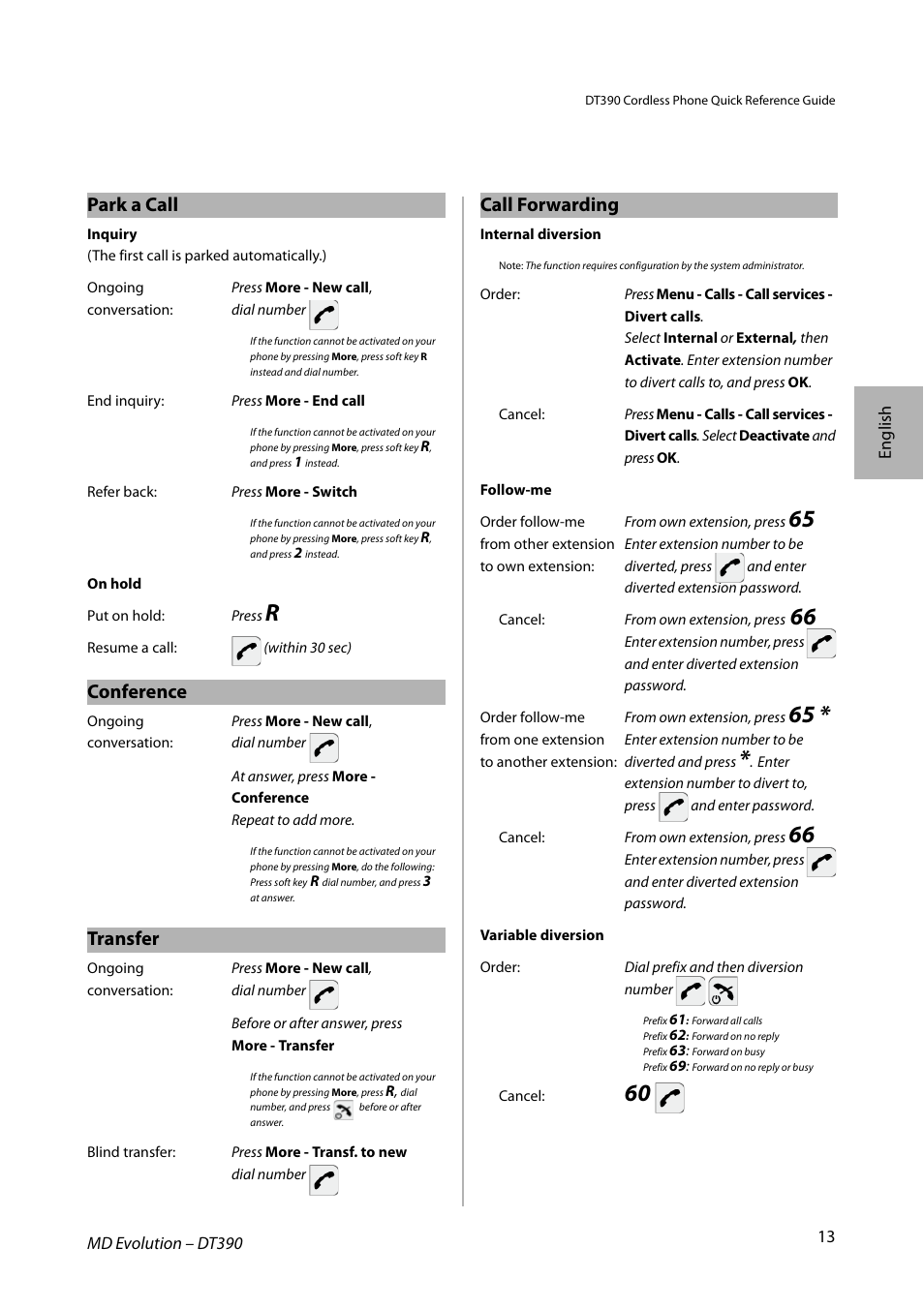 Park a call, Conference, Transfer | Call forwarding | AASTRA DT390 for MD Evolution Quick Reference Guide User Manual | Page 13 / 70