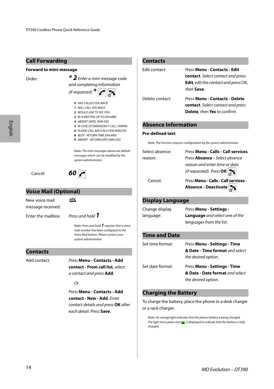 Voice mail (optional), Contacts, Call forwarding | Absence information, Display language, Time and date, Charging the battery | AASTRA DT390 for MD Evolution Quick Reference Guide User Manual | Page 14 / 70