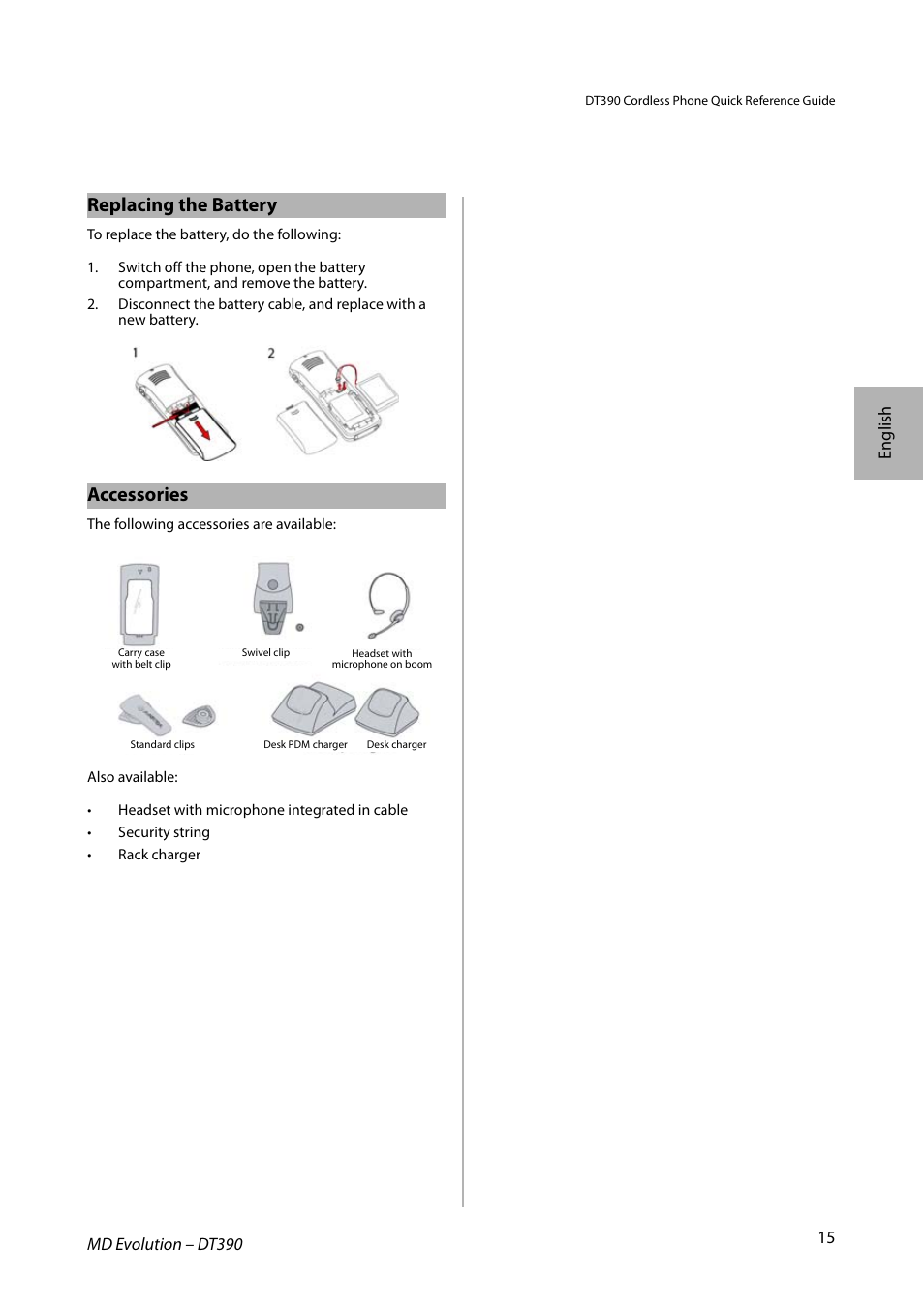 Replacing the battery, Accessories | AASTRA DT390 for MD Evolution Quick Reference Guide User Manual | Page 15 / 70