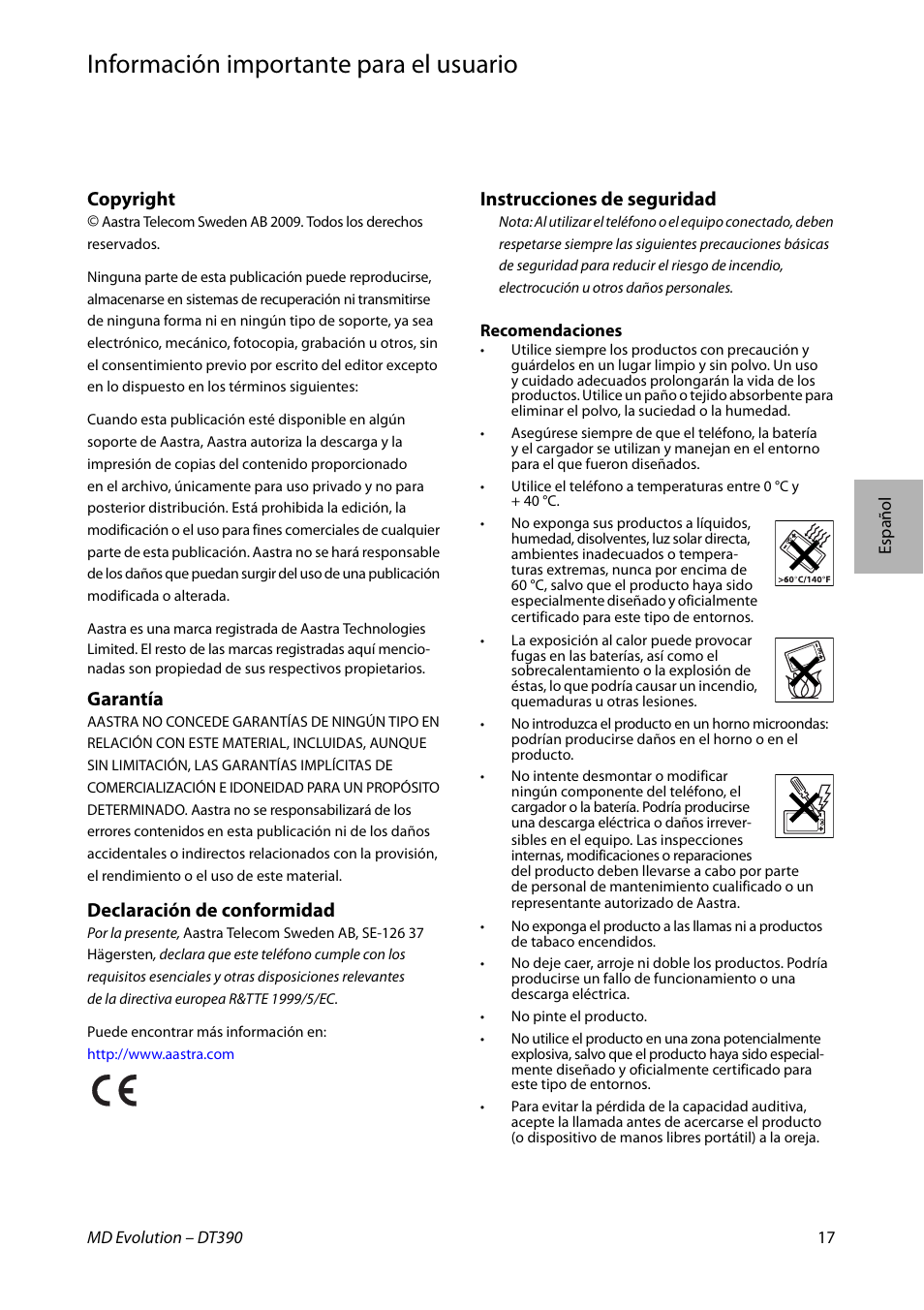 Español, Información importante para el usuario, Copyright | Garantía, Declaración de conformidad, Instrucciones de seguridad | AASTRA DT390 for MD Evolution Quick Reference Guide User Manual | Page 17 / 70