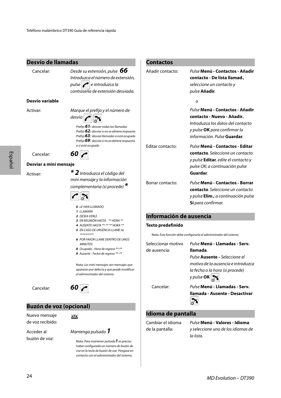 Buzón de voz (opcional), Desvío de llamadas contactos, Información de ausencia | Idioma de pantalla | AASTRA DT390 for MD Evolution Quick Reference Guide User Manual | Page 24 / 70