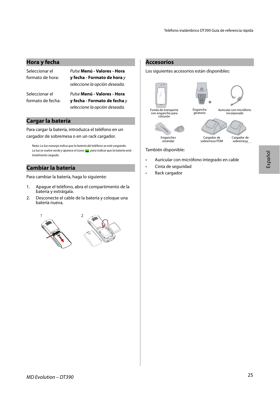 Hora y fecha, Cargar la batería, Cambiar la batería | Accesorios, Es pañol | AASTRA DT390 for MD Evolution Quick Reference Guide User Manual | Page 25 / 70