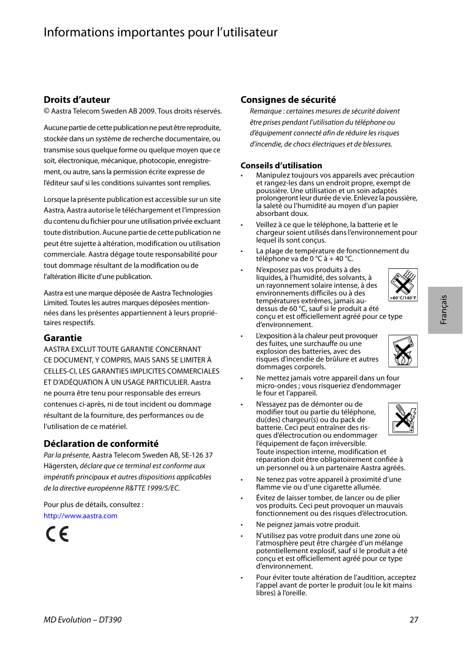 Français, Informations importantes pour l’utilisateur, Droits d’auteur | Garantie, Déclaration de conformité, Consignes de sécurité | AASTRA DT390 for MD Evolution Quick Reference Guide User Manual | Page 27 / 70