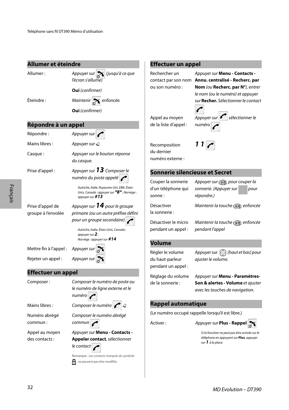 Allumer et éteindre, Répondre à un appel, Effectuer un appel | Sonnerie silencieuse et secret, Volume, Rappel automatique | AASTRA DT390 for MD Evolution Quick Reference Guide User Manual | Page 32 / 70