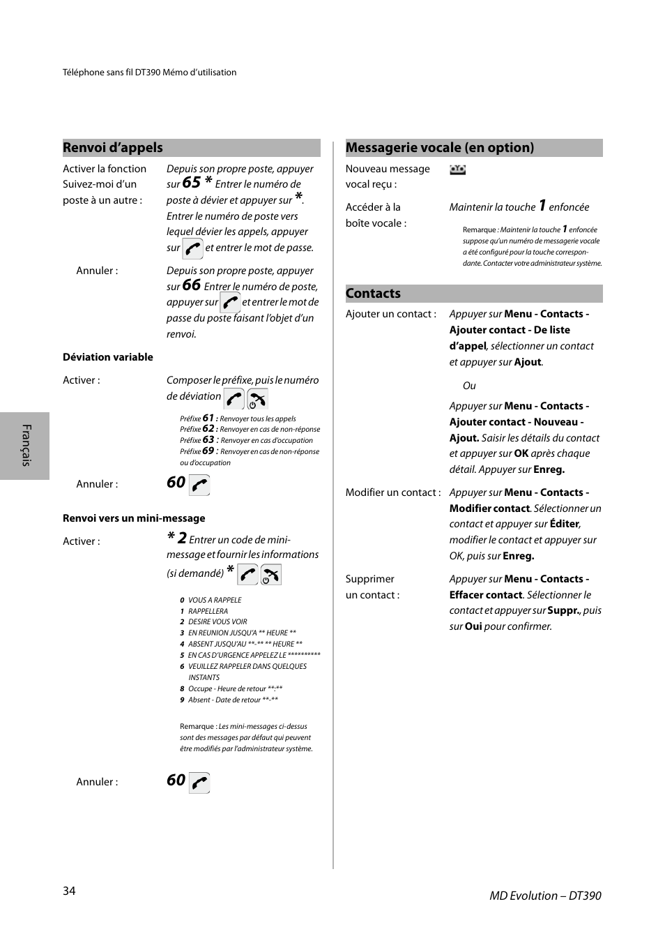 Renvoi d’appels messagerie vocale (en option), Contacts | AASTRA DT390 for MD Evolution Quick Reference Guide User Manual | Page 34 / 70