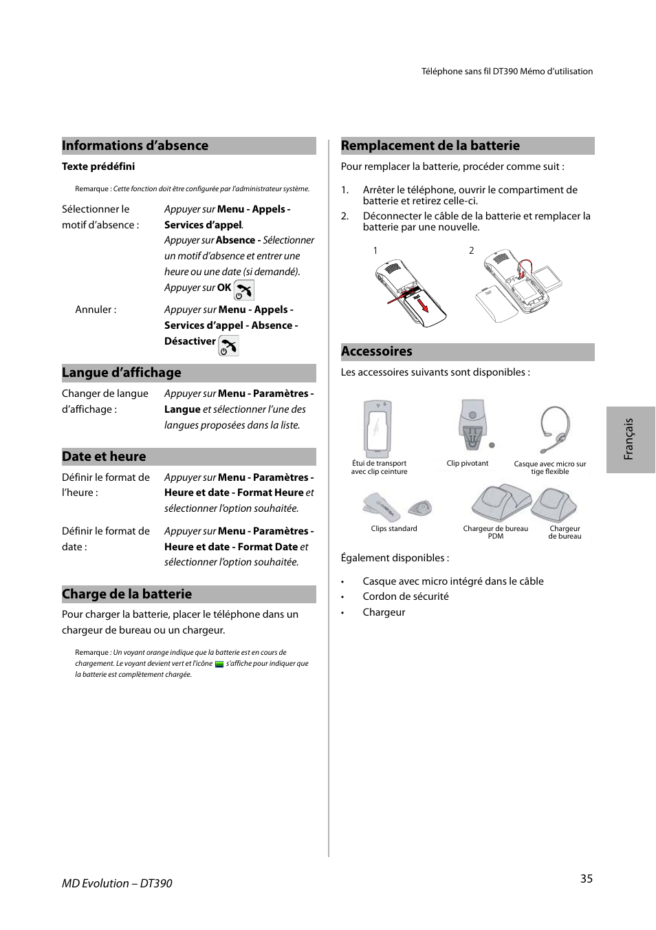 Informations d’absence, Langue d’affichage, Date et heure | Charge de la batterie, Remplacement de la batterie, Accessoires | AASTRA DT390 for MD Evolution Quick Reference Guide User Manual | Page 35 / 70