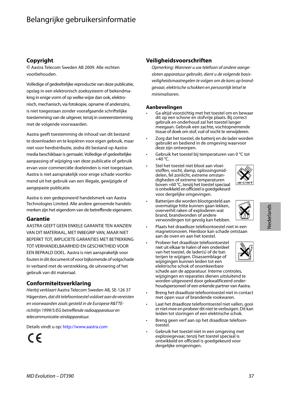 Nederlands, Belangrijke gebruikersinformatie, Copyright | Garantie, Conformiteitsverklaring, Veiligheidsvoorschriften | AASTRA DT390 for MD Evolution Quick Reference Guide User Manual | Page 37 / 70