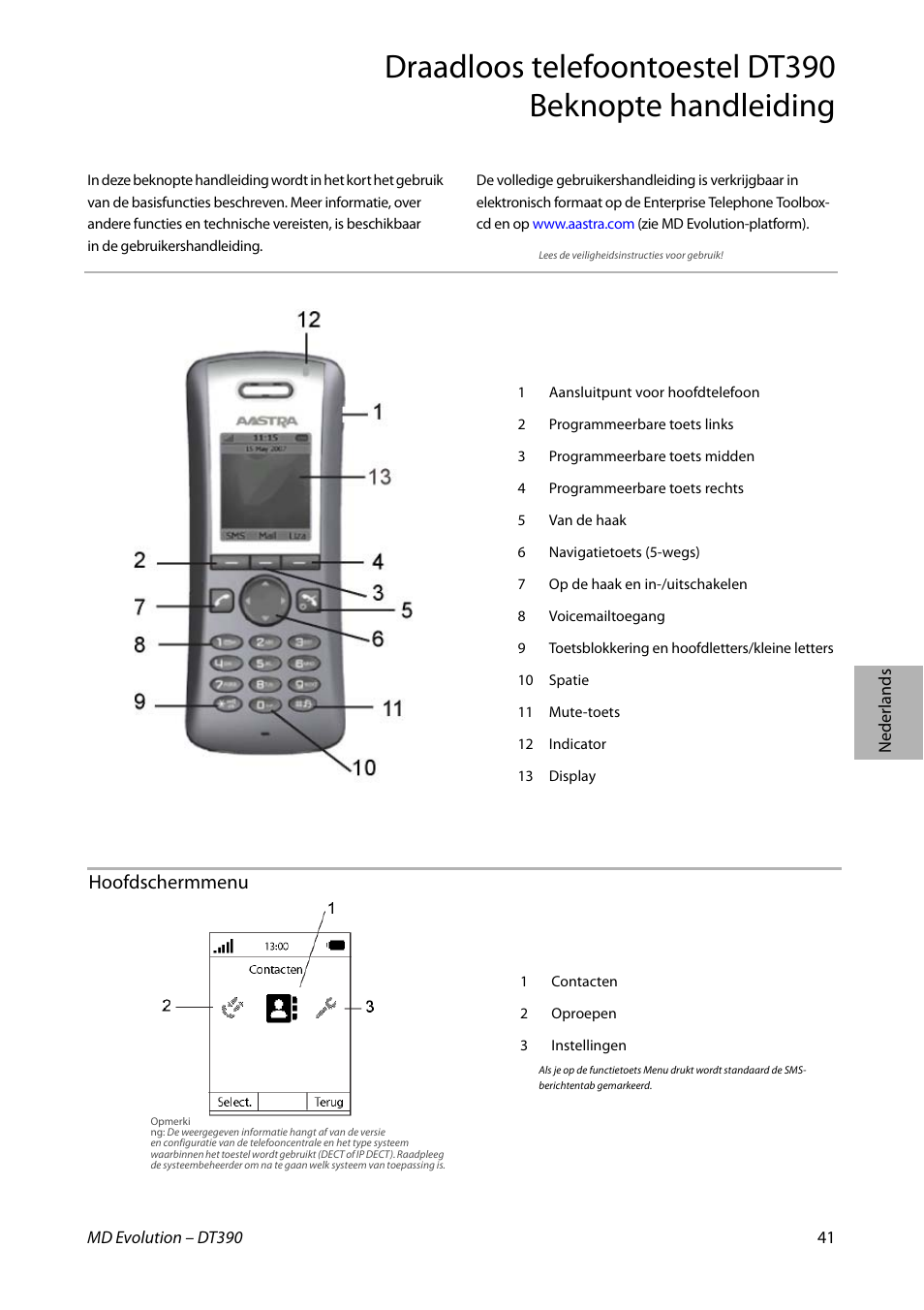 Hoofdschermmenu | AASTRA DT390 for MD Evolution Quick Reference Guide User Manual | Page 41 / 70
