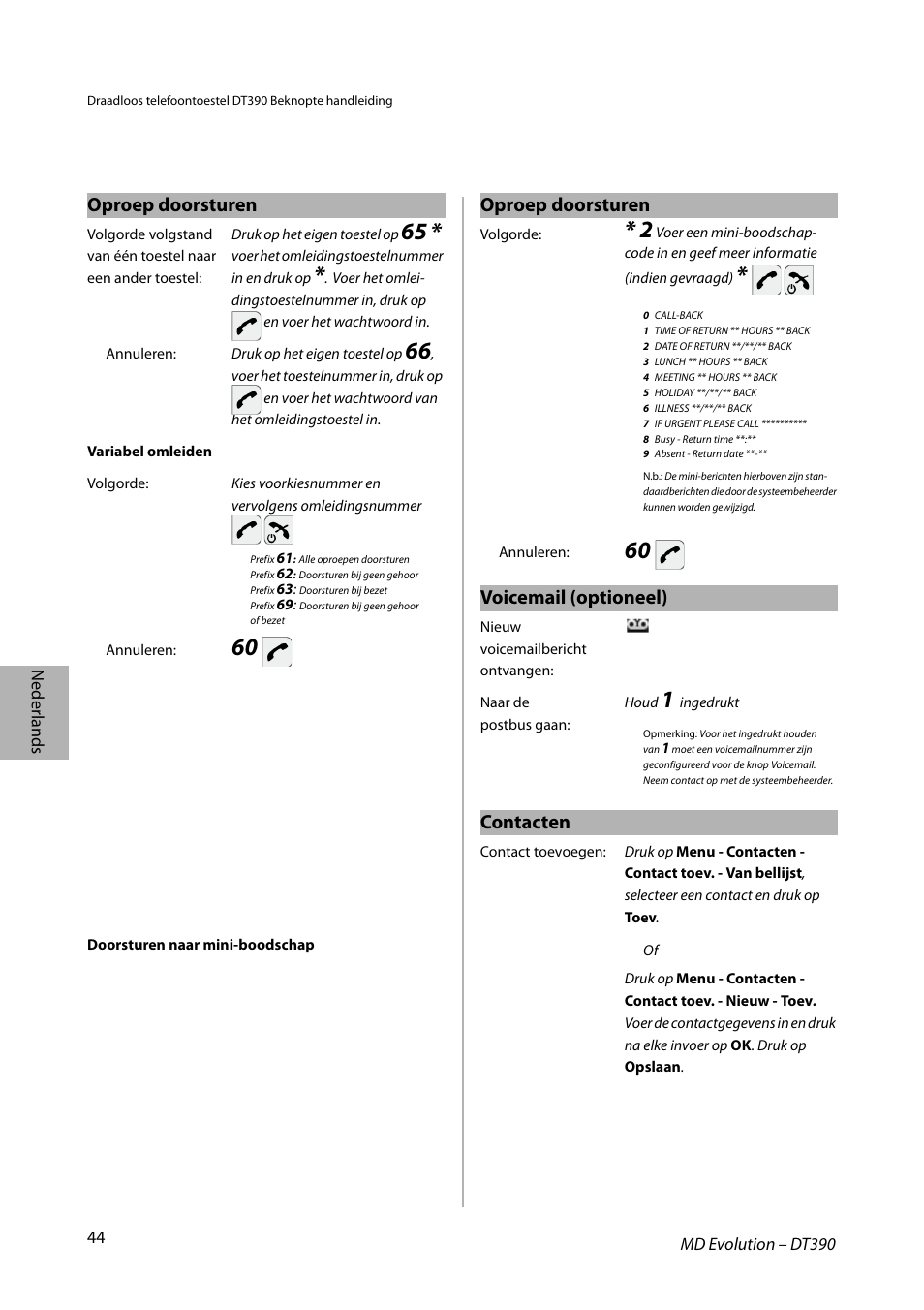 Oproep doorsturen, Voicemail (optioneel), Contacten | AASTRA DT390 for MD Evolution Quick Reference Guide User Manual | Page 44 / 70