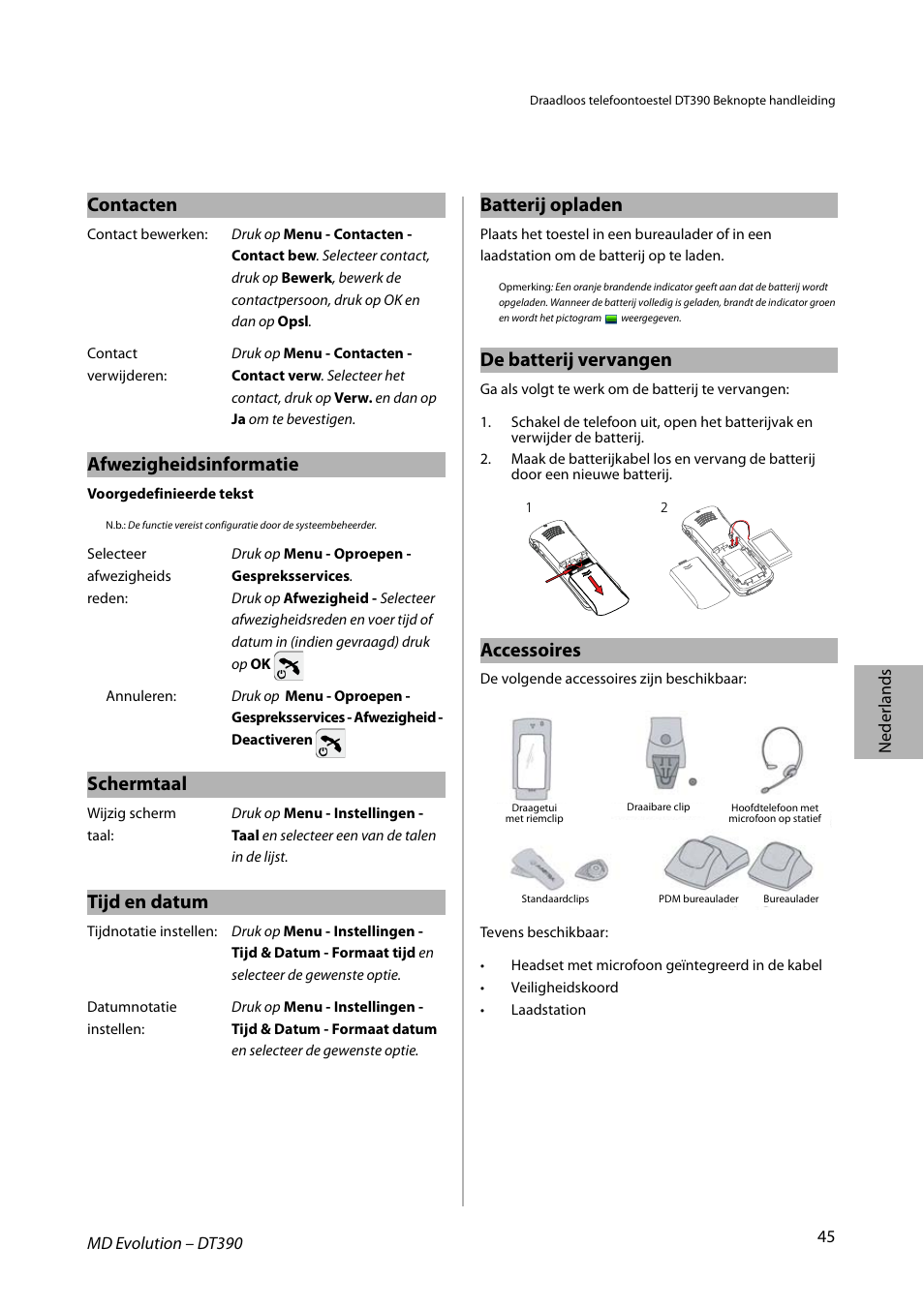 Afwezigheidsinformatie, Schermtaal, Tijd en datum | Contacten batterij opladen, De batterij vervangen, Accessoires | AASTRA DT390 for MD Evolution Quick Reference Guide User Manual | Page 45 / 70