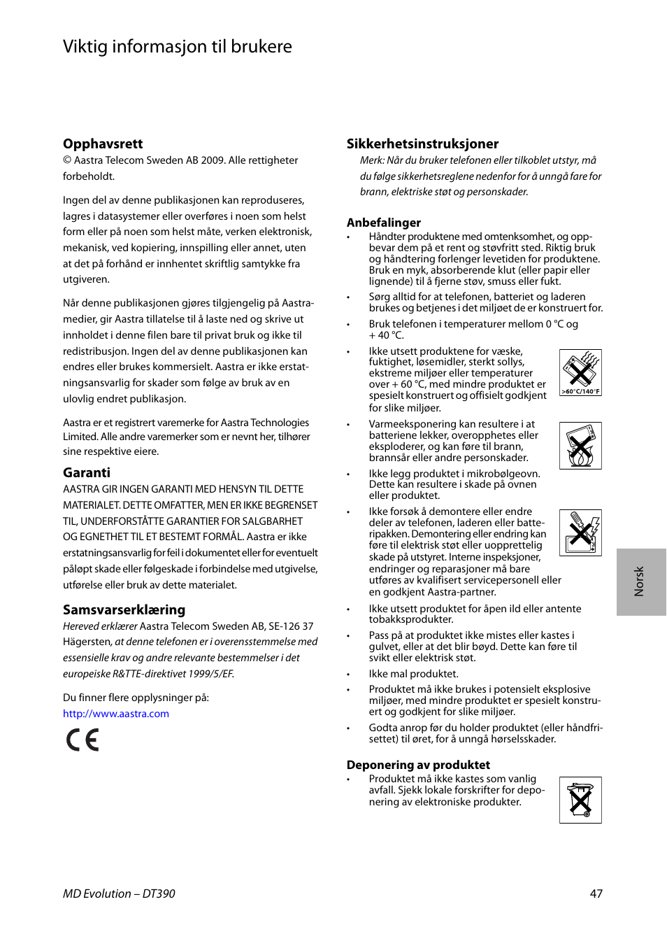 Norsk, Viktig informasjon til brukere, Opphavsrett | Garanti, Samsvarserklæring, Sikkerhetsinstruksjoner | AASTRA DT390 for MD Evolution Quick Reference Guide User Manual | Page 47 / 70