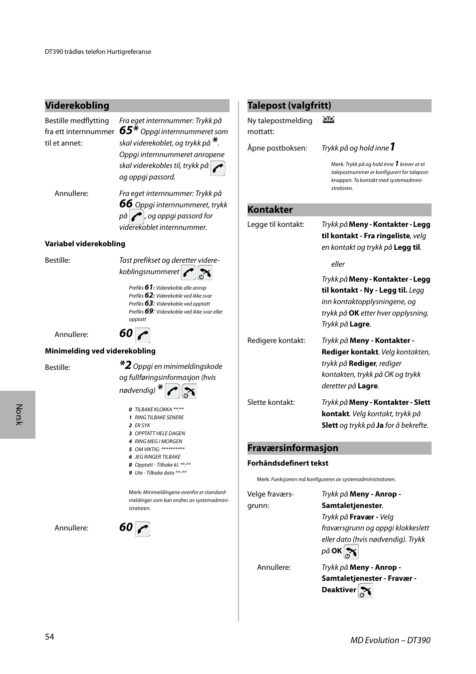 Viderekobling talepost (valgfritt), Kontakter, Fraværsinformasjon | AASTRA DT390 for MD Evolution Quick Reference Guide User Manual | Page 54 / 70