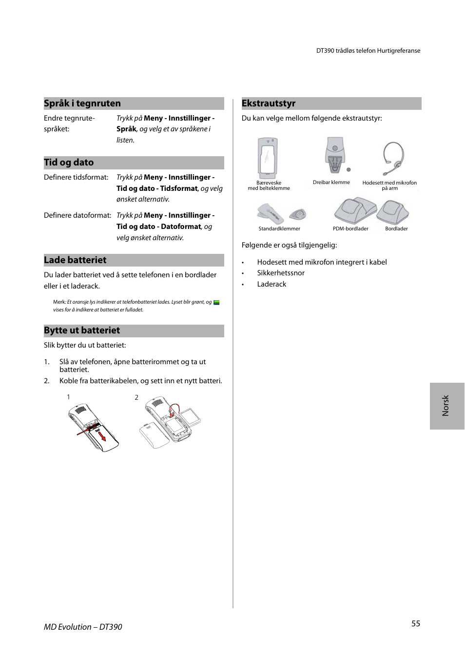 Språk i tegnruten, Tid og dato, Lade batteriet | Bytte ut batteriet, Ekstrautstyr | AASTRA DT390 for MD Evolution Quick Reference Guide User Manual | Page 55 / 70