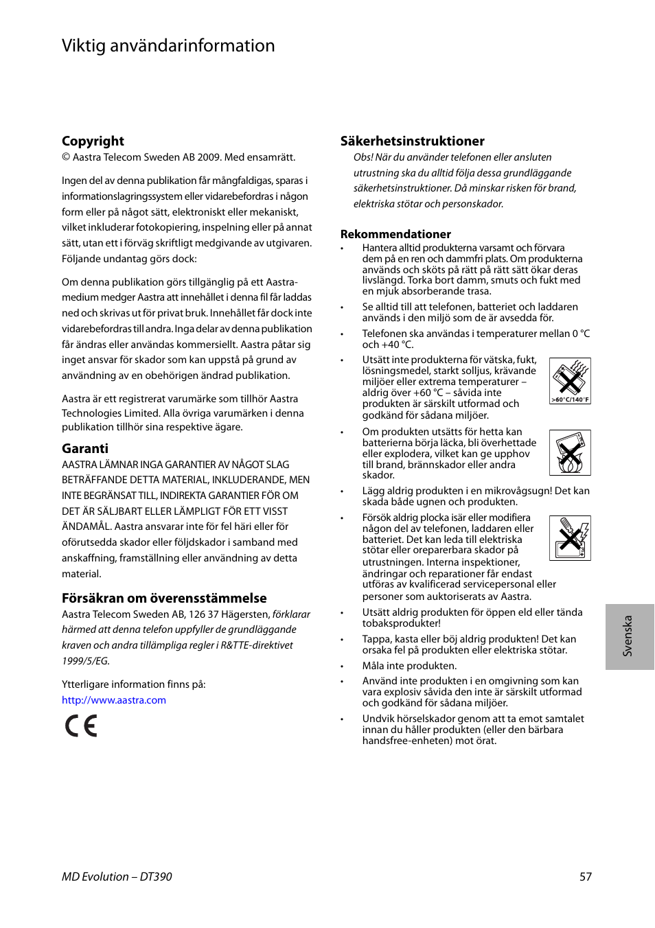 Svenska, Viktig användarinformation, Copyright | Garanti, Försäkran om överensstämmelse, Säkerhetsinstruktioner | AASTRA DT390 for MD Evolution Quick Reference Guide User Manual | Page 57 / 70