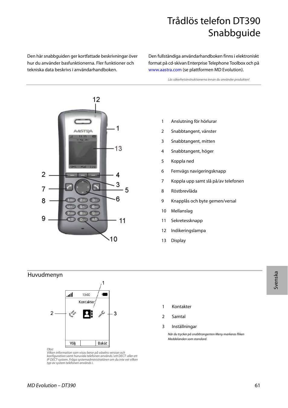 Trådlös telefon dt390 snabbguide, Huvudmenyn | AASTRA DT390 for MD Evolution Quick Reference Guide User Manual | Page 61 / 70