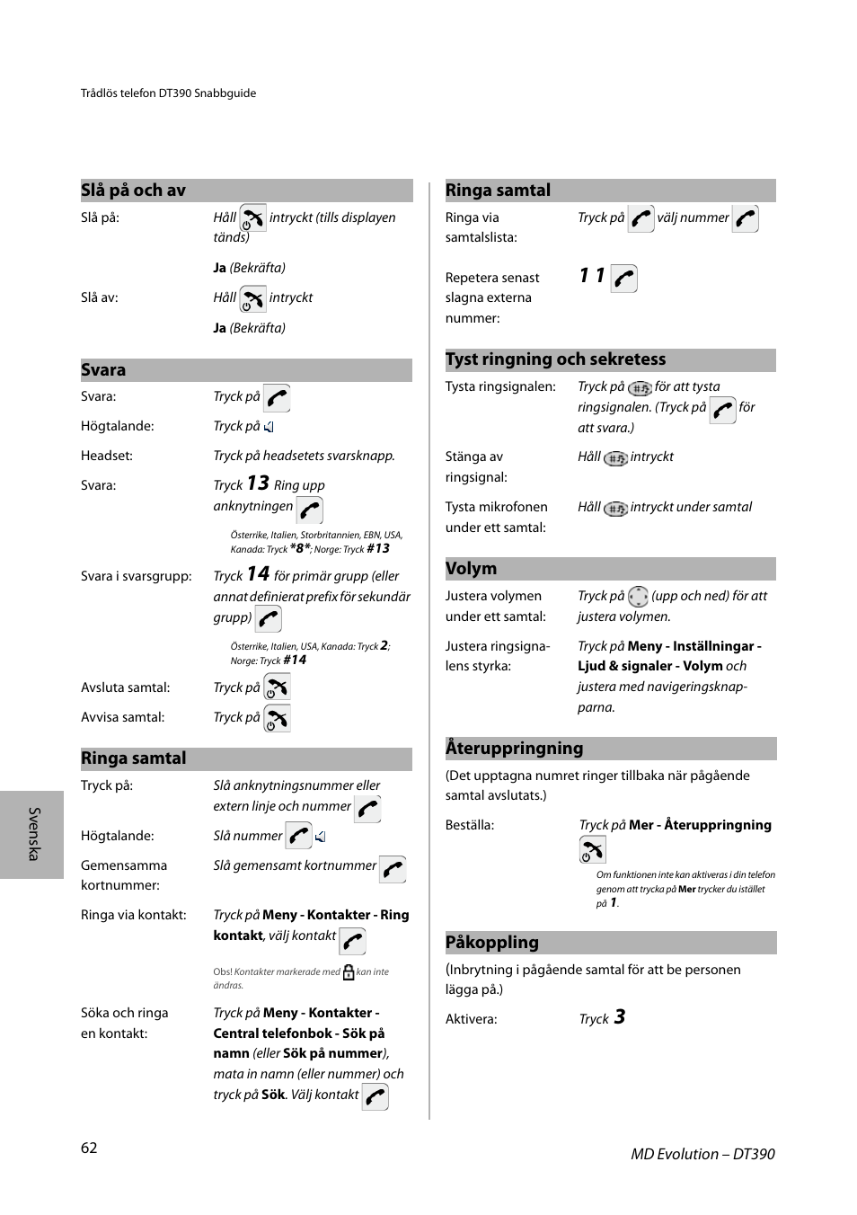 Slå på och av, Svara, Ringa samtal | Tyst ringning och sekretess, Volym, Återuppringning, Påkoppling | AASTRA DT390 for MD Evolution Quick Reference Guide User Manual | Page 62 / 70