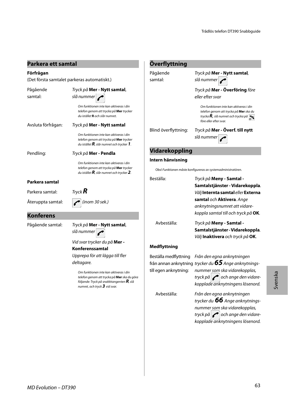 Parkera ett samtal, Konferens, Överflyttning | Vidarekoppling | AASTRA DT390 for MD Evolution Quick Reference Guide User Manual | Page 63 / 70
